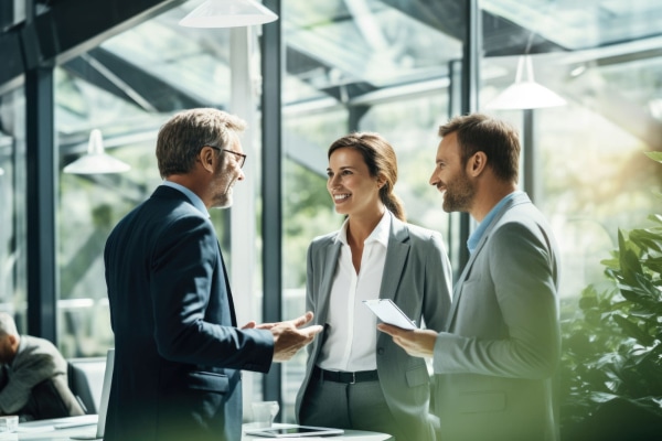 a group of people standing in a room