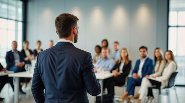 a person in a suit standing in front of a group of people
