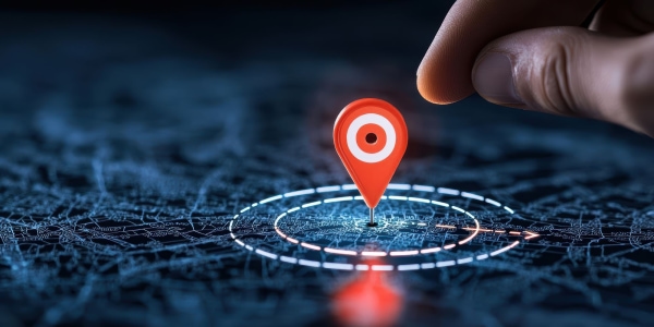 a finger touching a red pin on a map